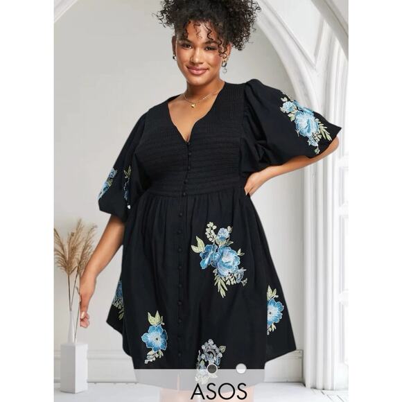 ASOS Curvy Black Cotton Blue Floral Poplin Embroidery Boho Mini Dress Plus 2X 16 - Picture 1 of 12